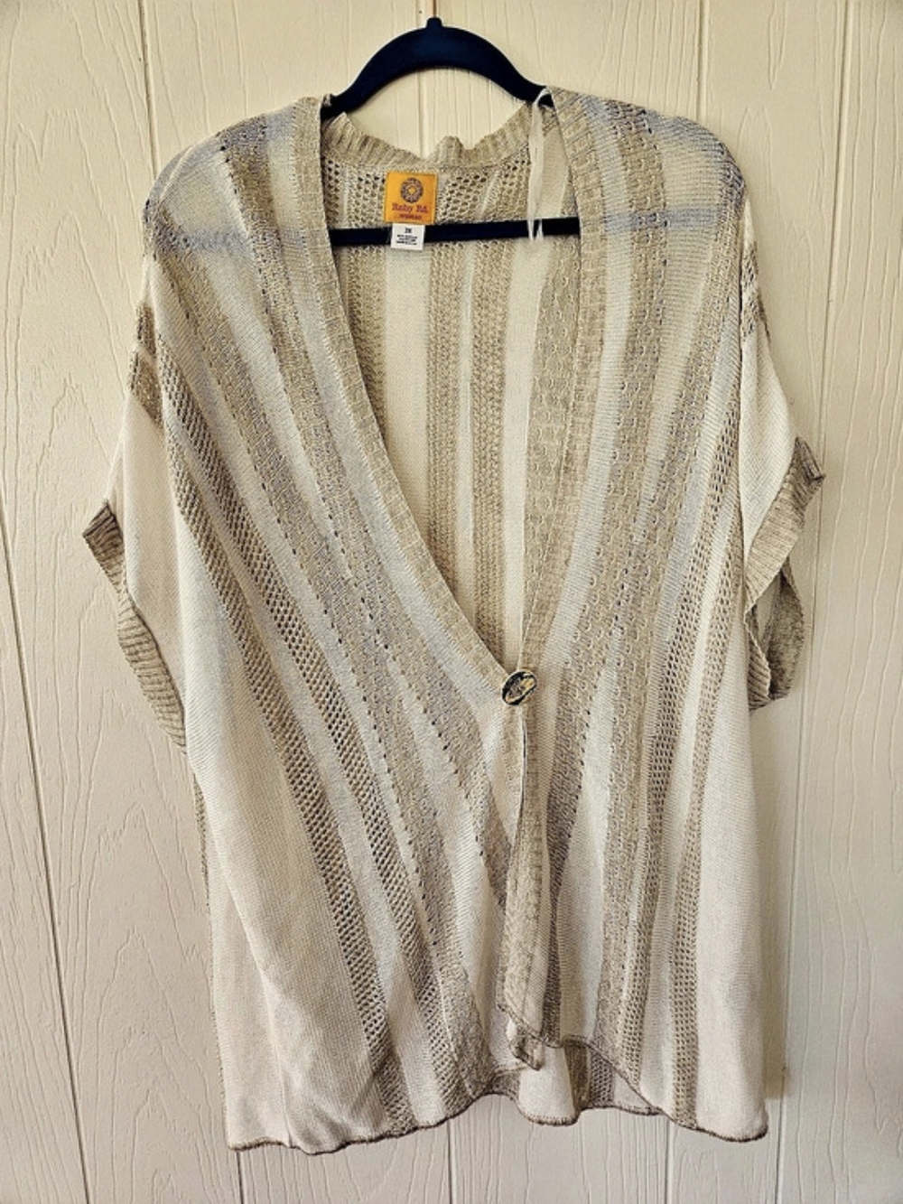 Ruby Rd. Striped Knit Cardigan in Beige & White Size 3X